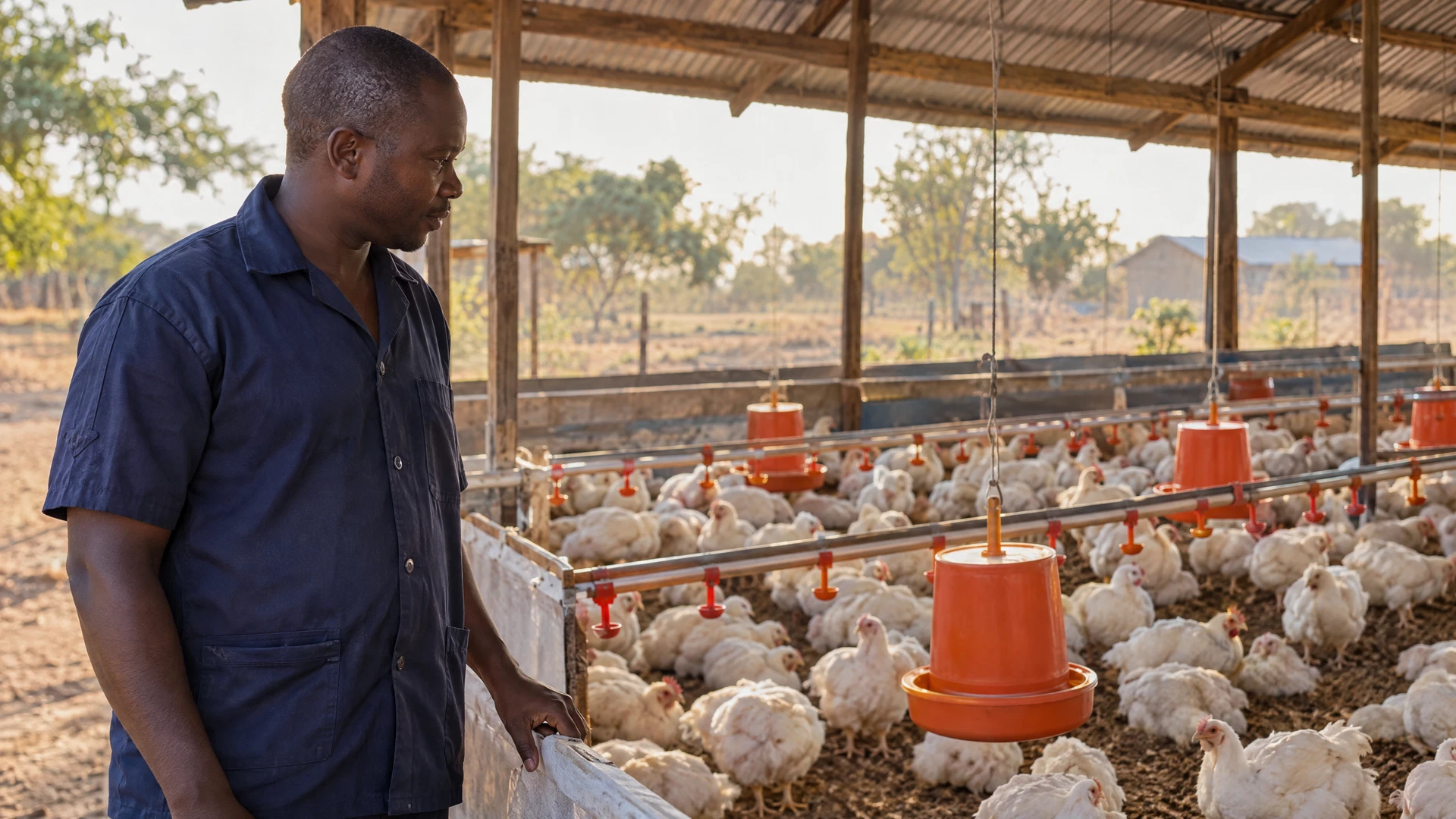 Illustrative poultry farmer observing broilers in a practical farm setting